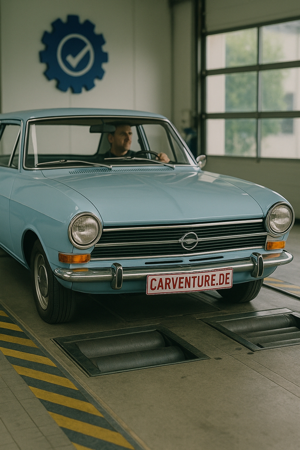 Oldtimer vor TÜV-Prüfstelle mit rotem Kennzeichen CARVENTURE.DE